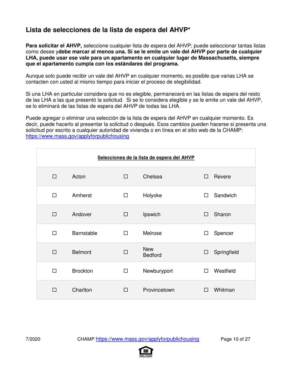 Solicitud Para Vivienda Publica Con Ayuda Del Estado Y El Programa De Vales Para Viviendas Alternativas (Alternative Housing Voucher Program, Ahvp) - Massachusetts (Spanish), Page 10