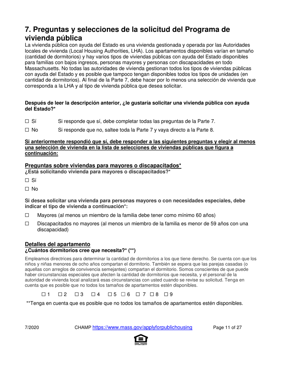 Solicitud Para Vivienda Publica Con Ayuda Del Estado Y El Programa De Vales Para Viviendas Alternativas (Alternative Housing Voucher Program, Ahvp) - Massachusetts (Spanish), Page 11