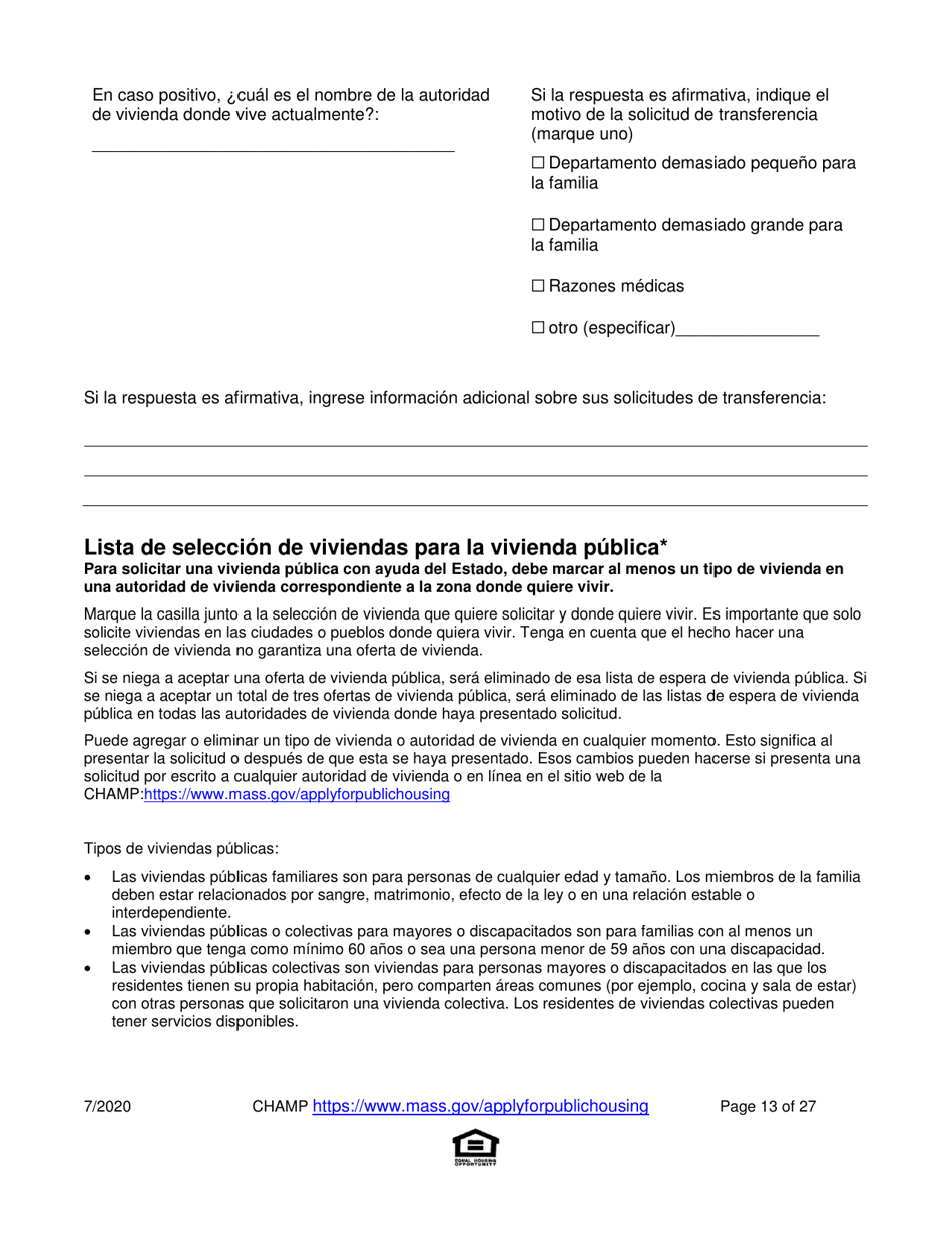 Solicitud Para Vivienda Publica Con Ayuda Del Estado Y El Programa De Vales Para Viviendas Alternativas (Alternative Housing Voucher Program, Ahvp) - Massachusetts (Spanish), Page 13