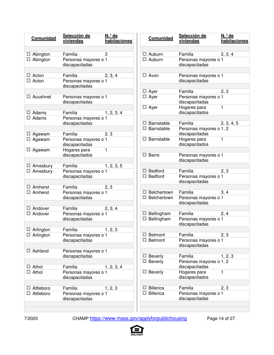 Solicitud Para Vivienda Publica Con Ayuda Del Estado Y El Programa De Vales Para Viviendas Alternativas (Alternative Housing Voucher Program, Ahvp) - Massachusetts (Spanish), Page 14