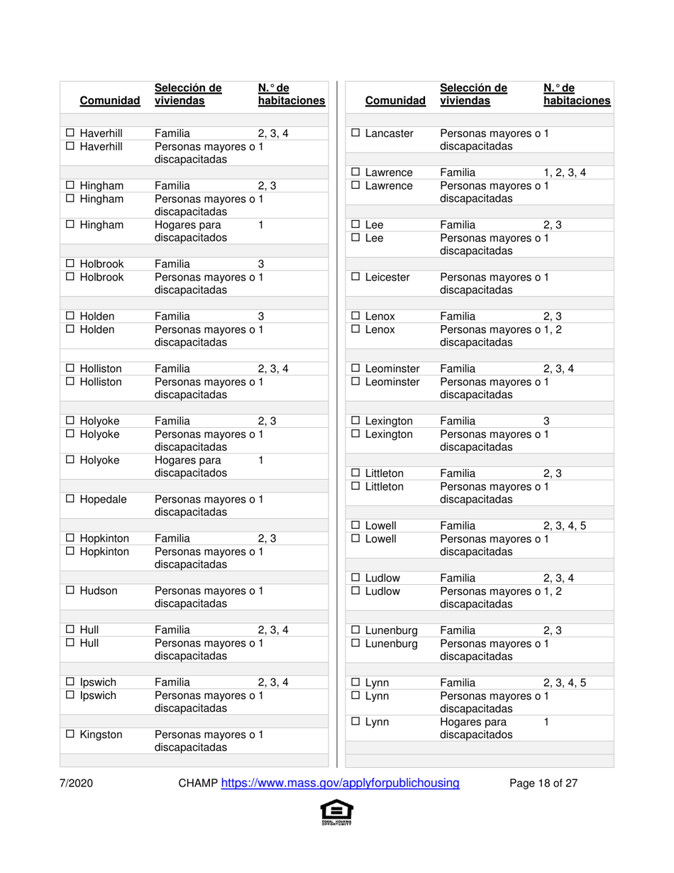 Solicitud Para Vivienda Publica Con Ayuda Del Estado Y El Programa De Vales Para Viviendas Alternativas (Alternative Housing Voucher Program, Ahvp) - Massachusetts (Spanish), Page 18