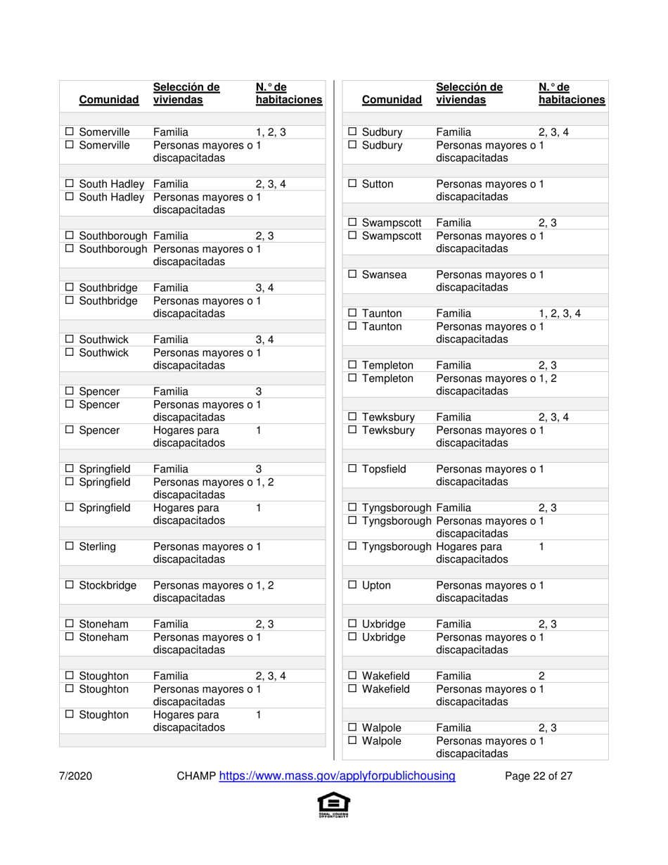 Solicitud Para Vivienda Publica Con Ayuda Del Estado Y El Programa De Vales Para Viviendas Alternativas (Alternative Housing Voucher Program, Ahvp) - Massachusetts (Spanish), Page 22