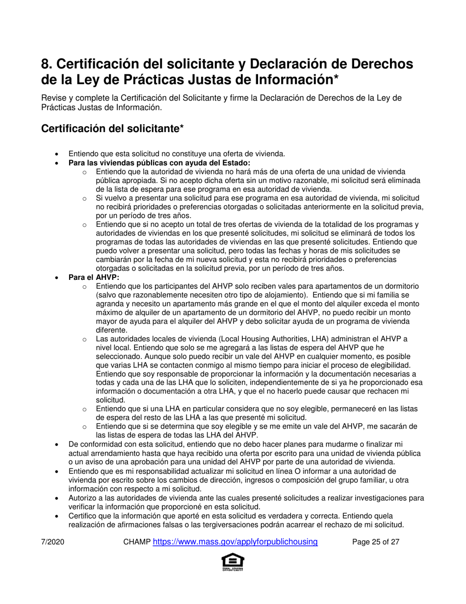 Solicitud Para Vivienda Publica Con Ayuda Del Estado Y El Programa De Vales Para Viviendas Alternativas (Alternative Housing Voucher Program, Ahvp) - Massachusetts (Spanish), Page 25