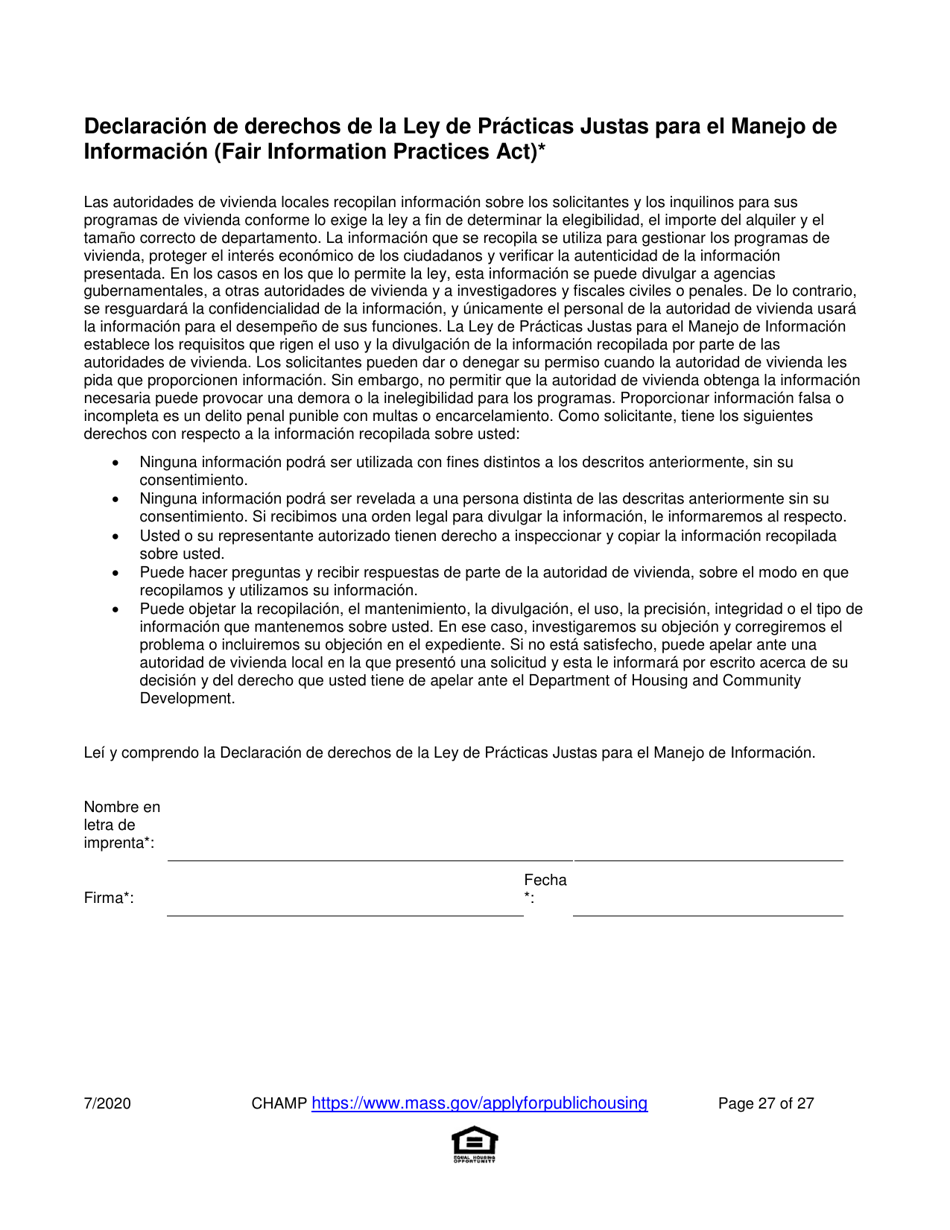 Solicitud Para Vivienda Publica Con Ayuda Del Estado Y El Programa De Vales Para Viviendas Alternativas (Alternative Housing Voucher Program, Ahvp) - Massachusetts (Spanish), Page 27
