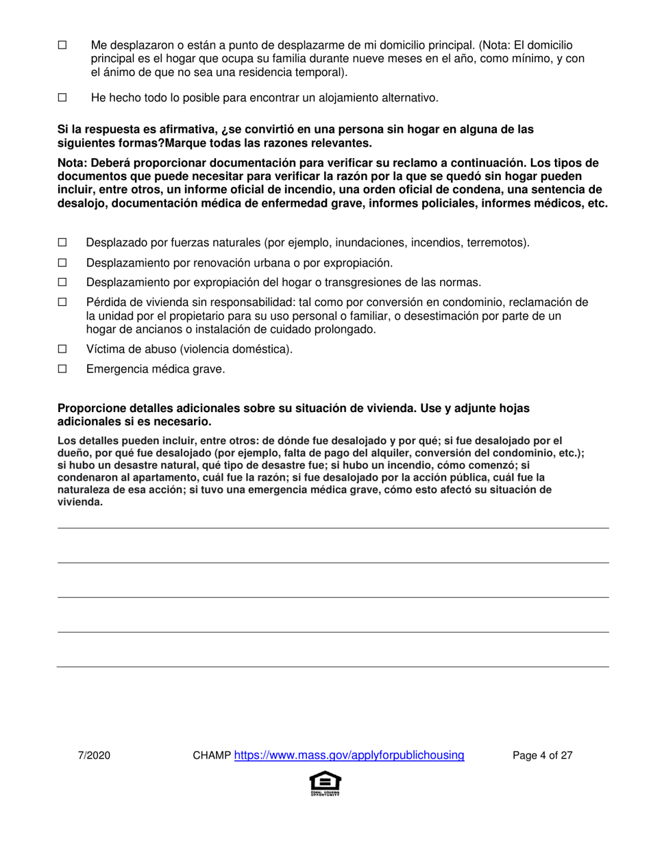 Solicitud Para Vivienda Publica Con Ayuda Del Estado Y El Programa De Vales Para Viviendas Alternativas (Alternative Housing Voucher Program, Ahvp) - Massachusetts (Spanish), Page 4