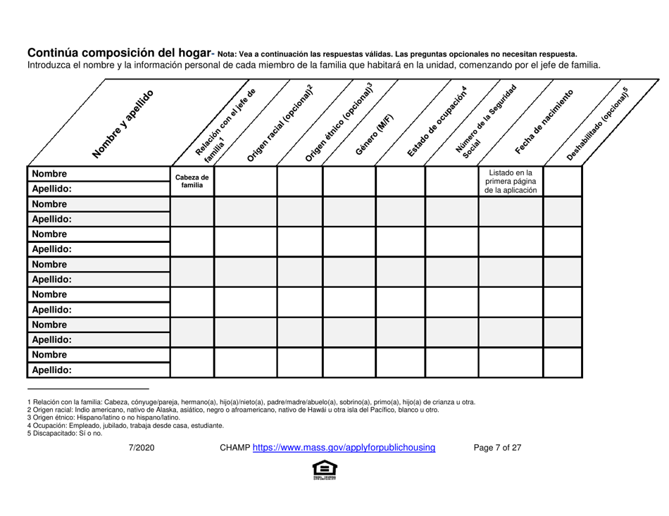 Solicitud Para Vivienda Publica Con Ayuda Del Estado Y El Programa De Vales Para Viviendas Alternativas (Alternative Housing Voucher Program, Ahvp) - Massachusetts (Spanish), Page 7