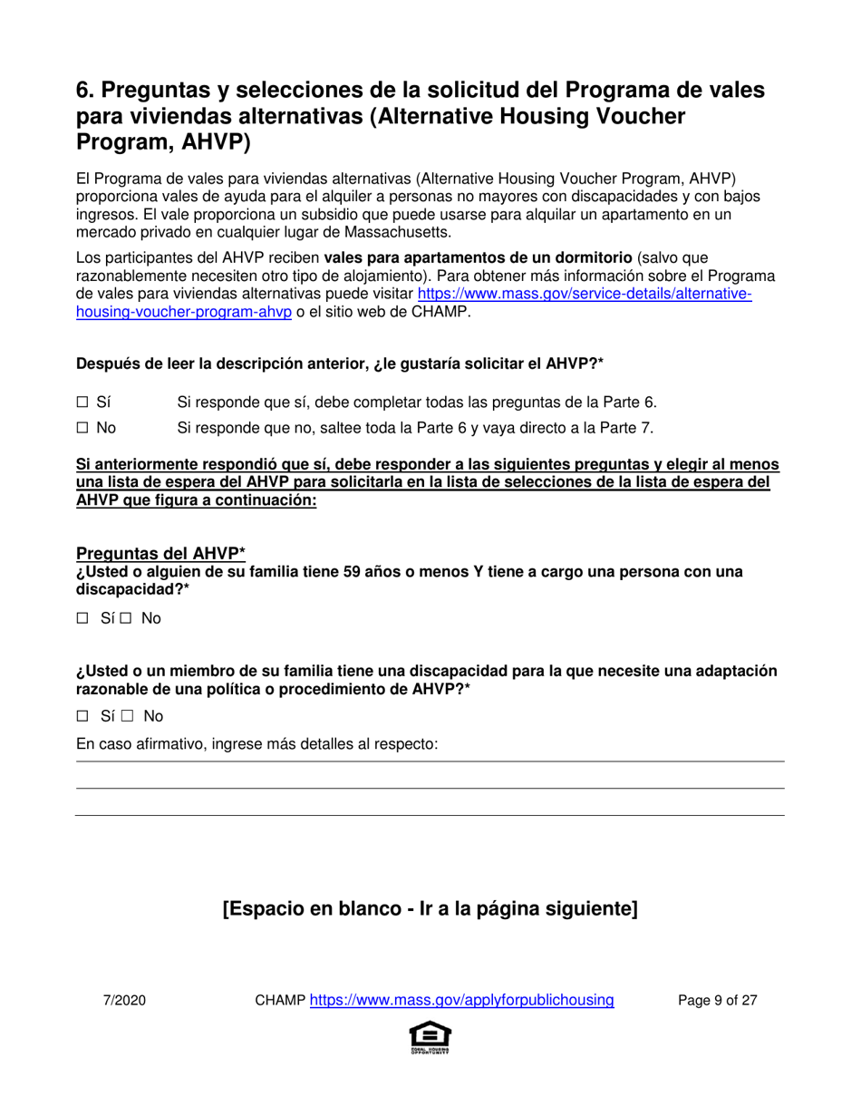 Solicitud Para Vivienda Publica Con Ayuda Del Estado Y El Programa De Vales Para Viviendas Alternativas (Alternative Housing Voucher Program, Ahvp) - Massachusetts (Spanish), Page 9