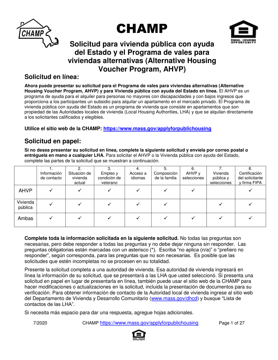 Massachusetts Solicitud Para Vivienda Publica Con Ayuda Del Estado Y El