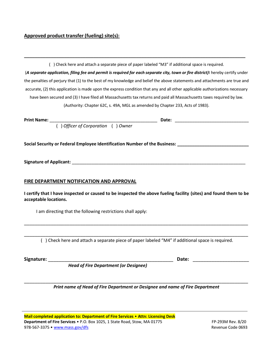 Form FP-293M Mobile Facility Application for Marine Fueling Permit - Massachusetts, Page 3