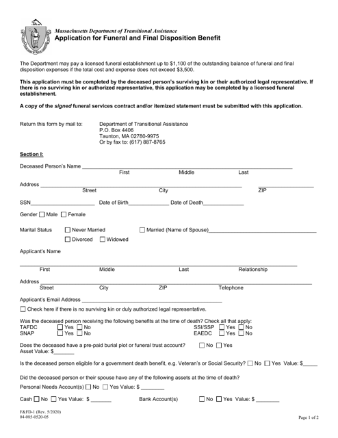 Form F&amp;FD-1 Application for Funeral and Final Disposition Benefit - Massachusetts