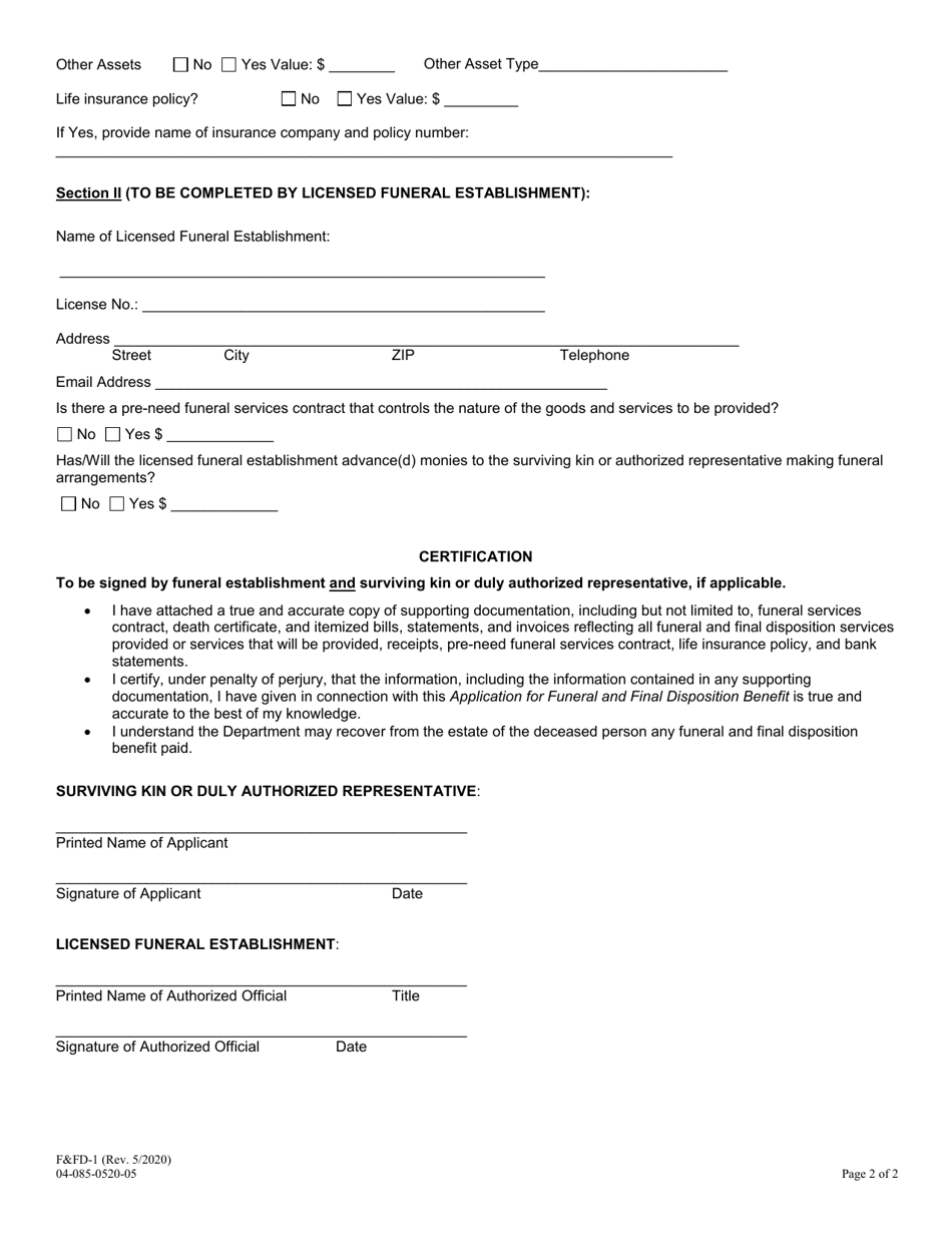Form FFD-1 Application for Funeral and Final Disposition Benefit - Massachusetts, Page 2