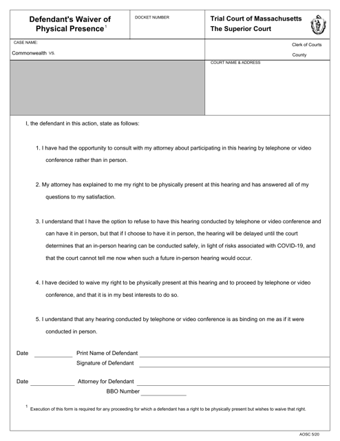 &quot;Defendant's Waiver of Physical Presence&quot; - Massachusetts Download Pdf