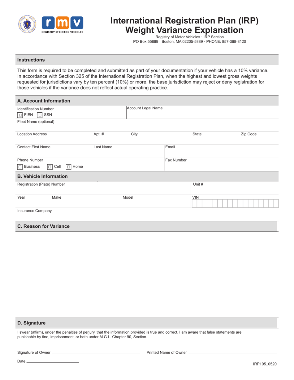 Form IRP105 International Registration Plan (Irp) Weight Variance Explanation - Massachusetts, Page 1