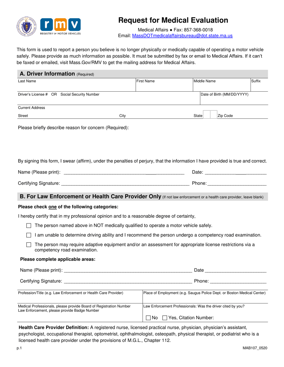 Form MAB107 Request for Medical Evaluation - Massachusetts, Page 1