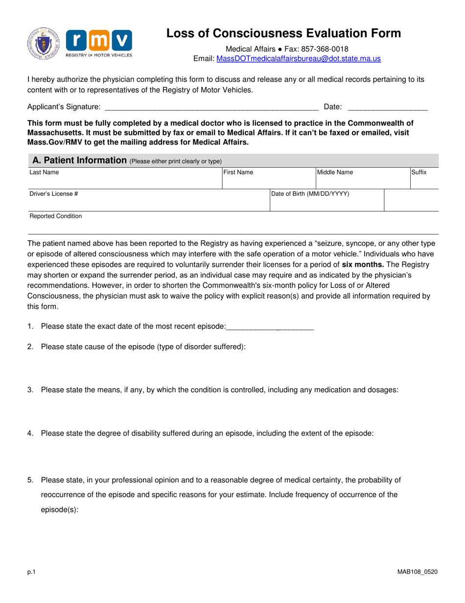 Form MAB108 Loss of Consciousness Evaluation Form - Massachusetts, Page 1