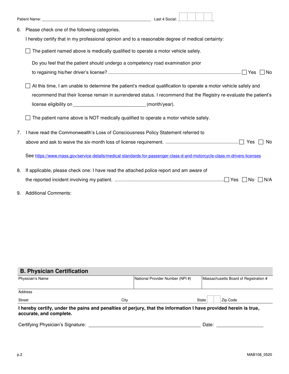 Form MAB108 Loss of Consciousness Evaluation Form - Massachusetts, Page 2