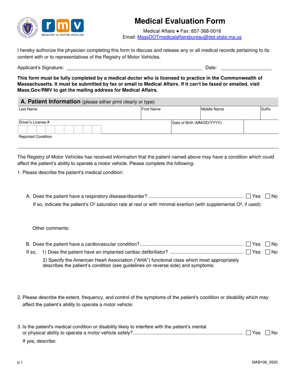 Form MAB106 Download Fillable PDF or Fill Online Medical Evaluation