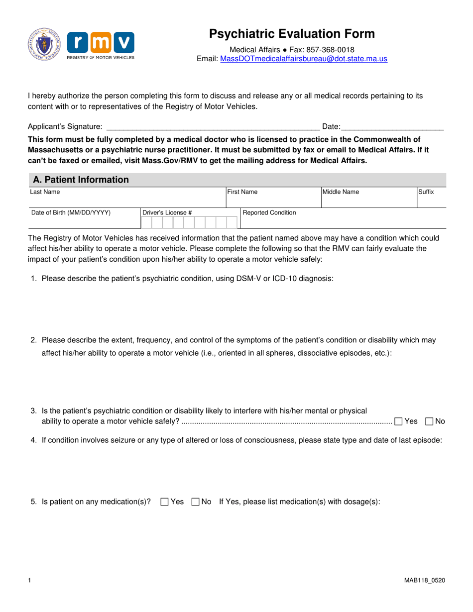 Form MAB118 Download Fillable PDF or Fill Online Psychiatric Evaluation