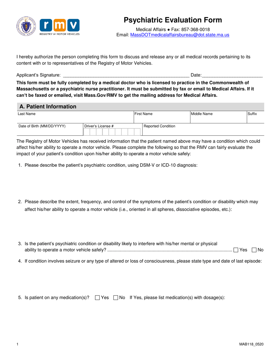 Form MAB118 Psychiatric Evaluation Form - Massachusetts, Page 1