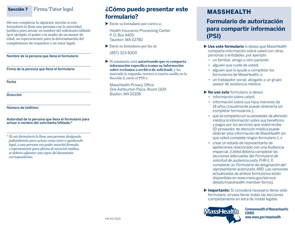 Formulario PSI-ES Masshealth Formulario De Autorizacion Para Compartir Informacion (Psi) - Massachusetts (Spanish), Page 1