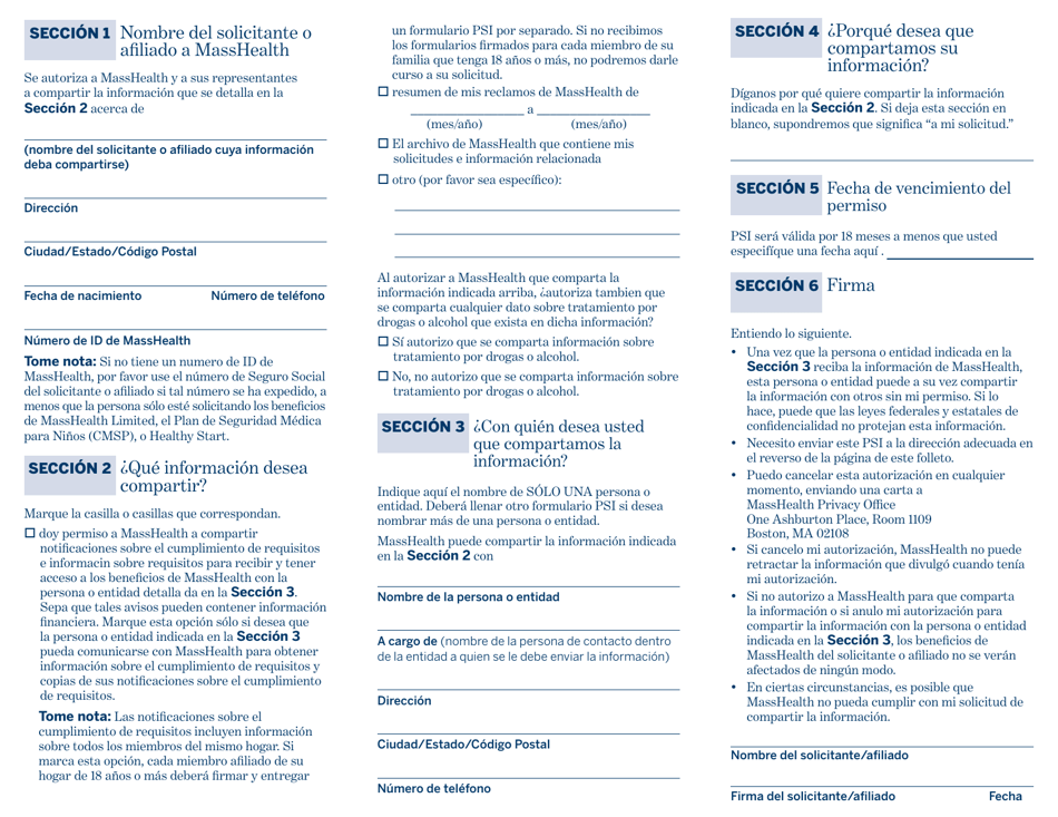 Formulario PSI-ES Masshealth Formulario De Autorizacion Para Compartir Informacion (Psi) - Massachusetts (Spanish), Page 2