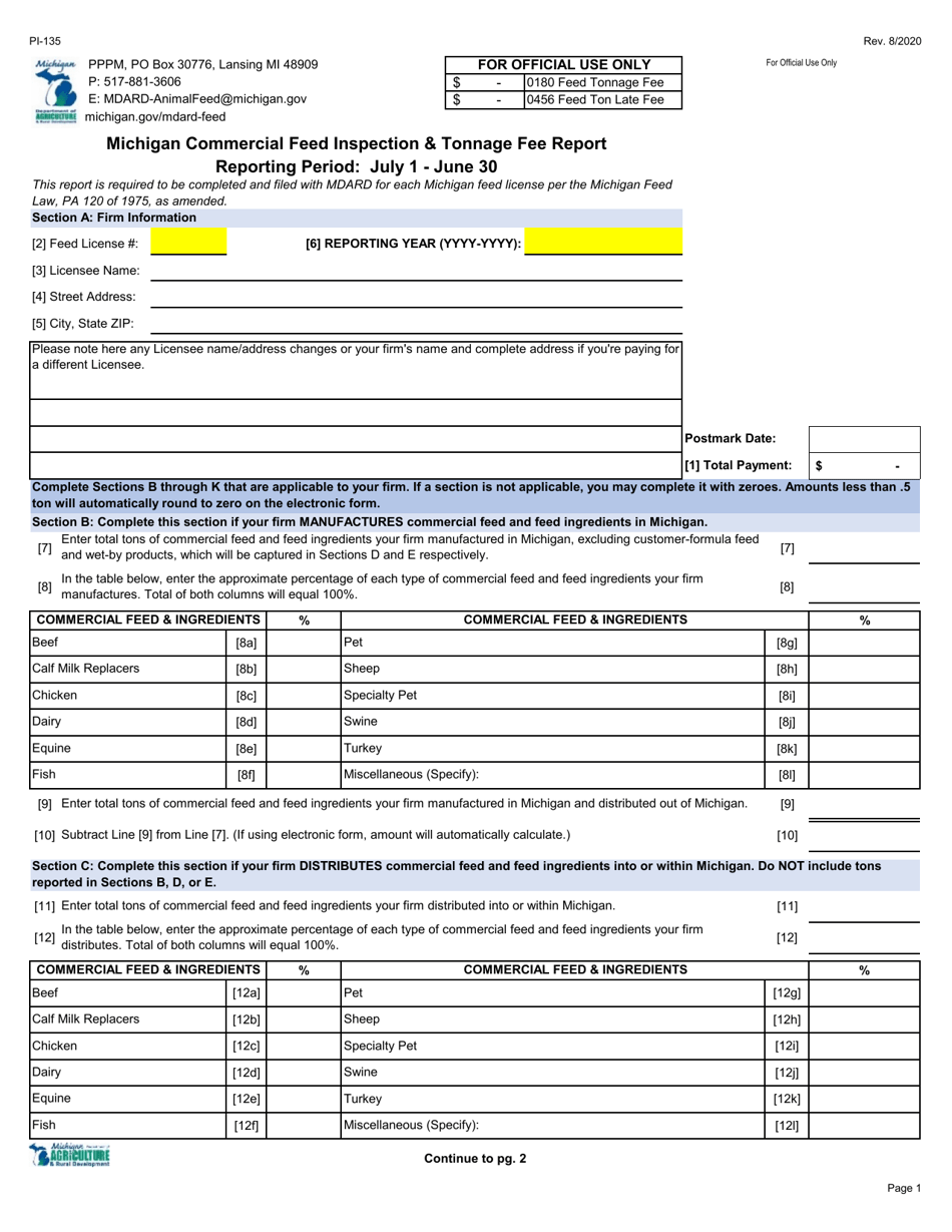 Form PI-135 Michigan Commercial Feed Inspection  Tonnage Fee Report - Michigan, Page 1