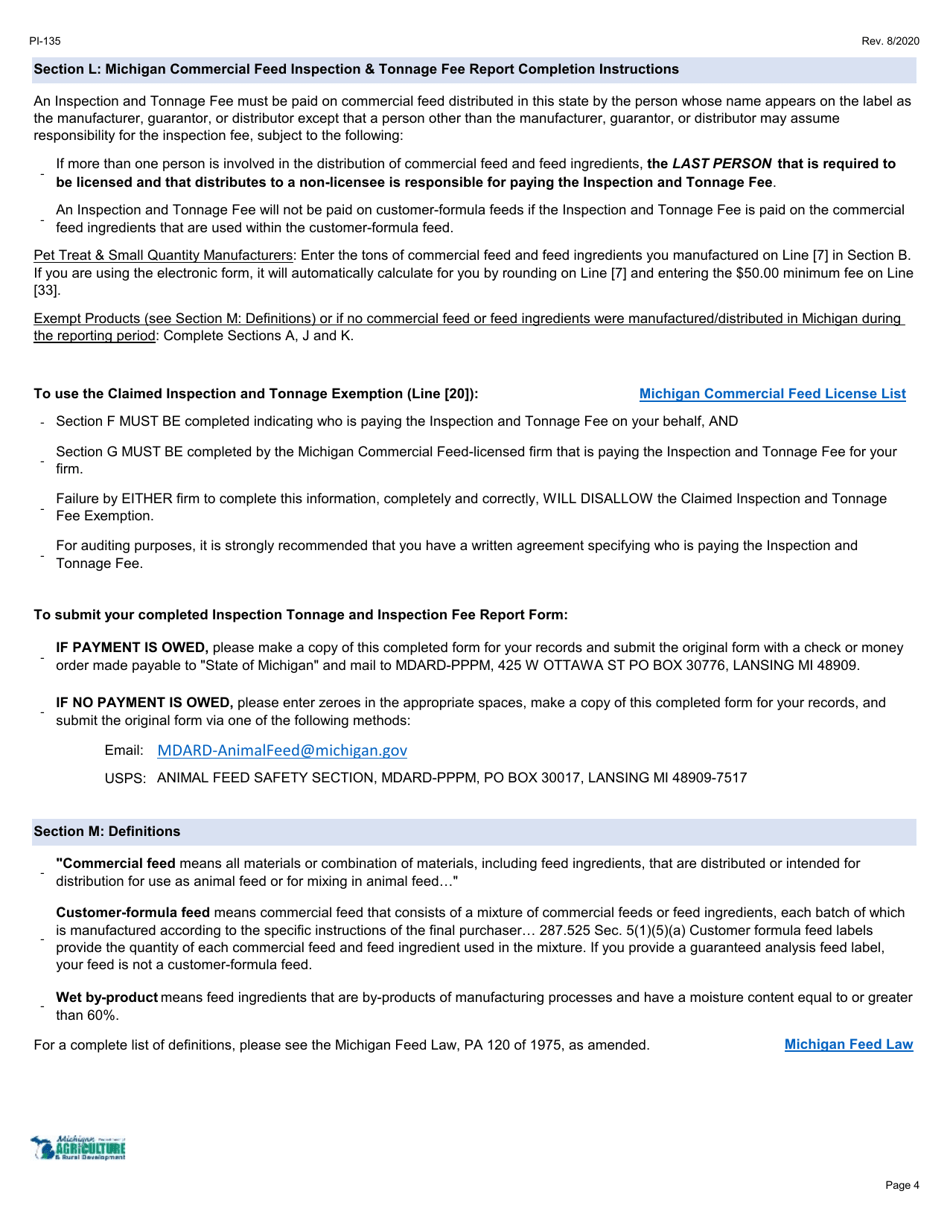 Form PI-135 Michigan Commercial Feed Inspection  Tonnage Fee Report - Michigan, Page 4