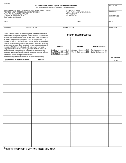 Dry Bean Seed Sample Analysis Request Form - Michigan Download Pdf