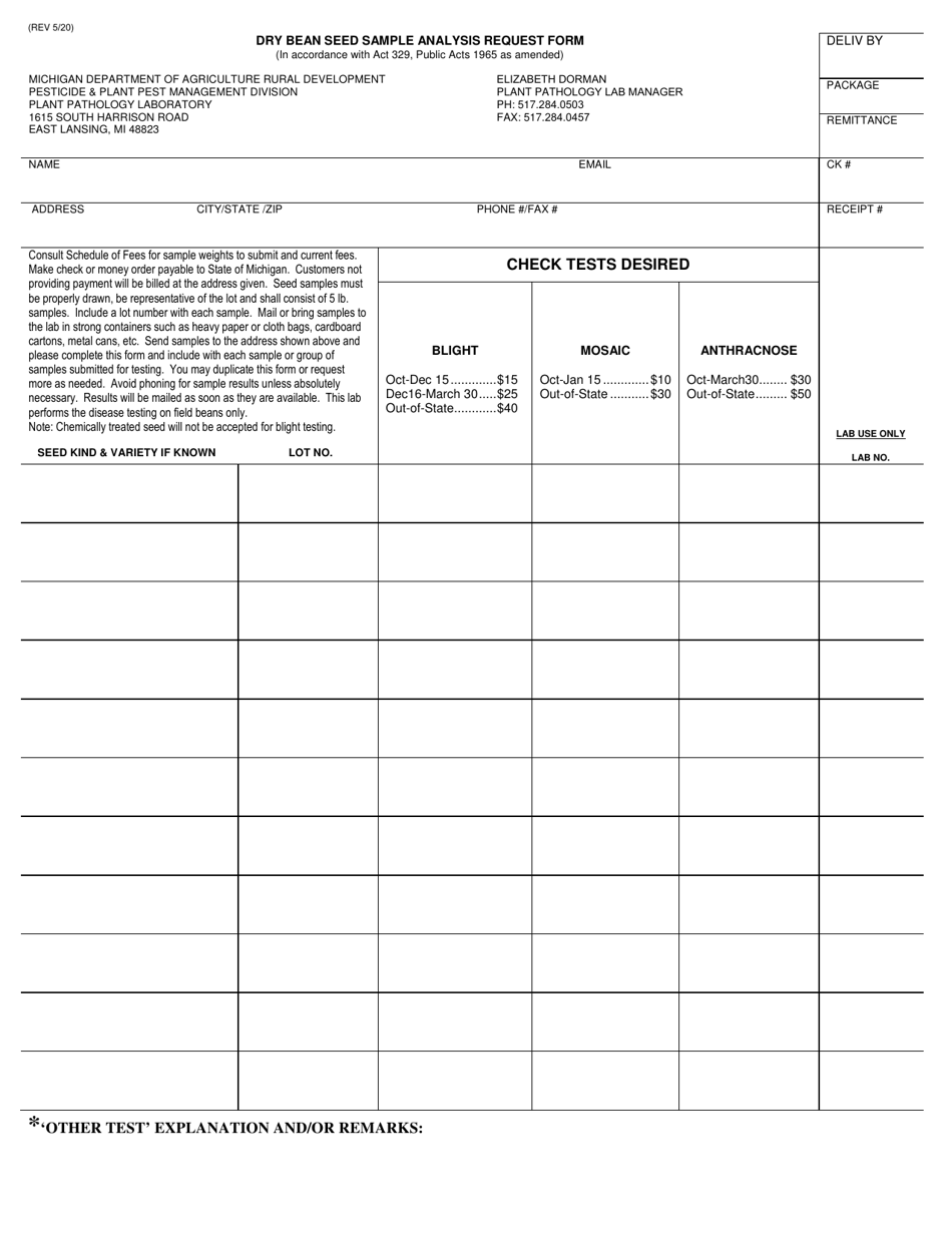 Dry Bean Seed Sample Analysis Request Form - Michigan, Page 1