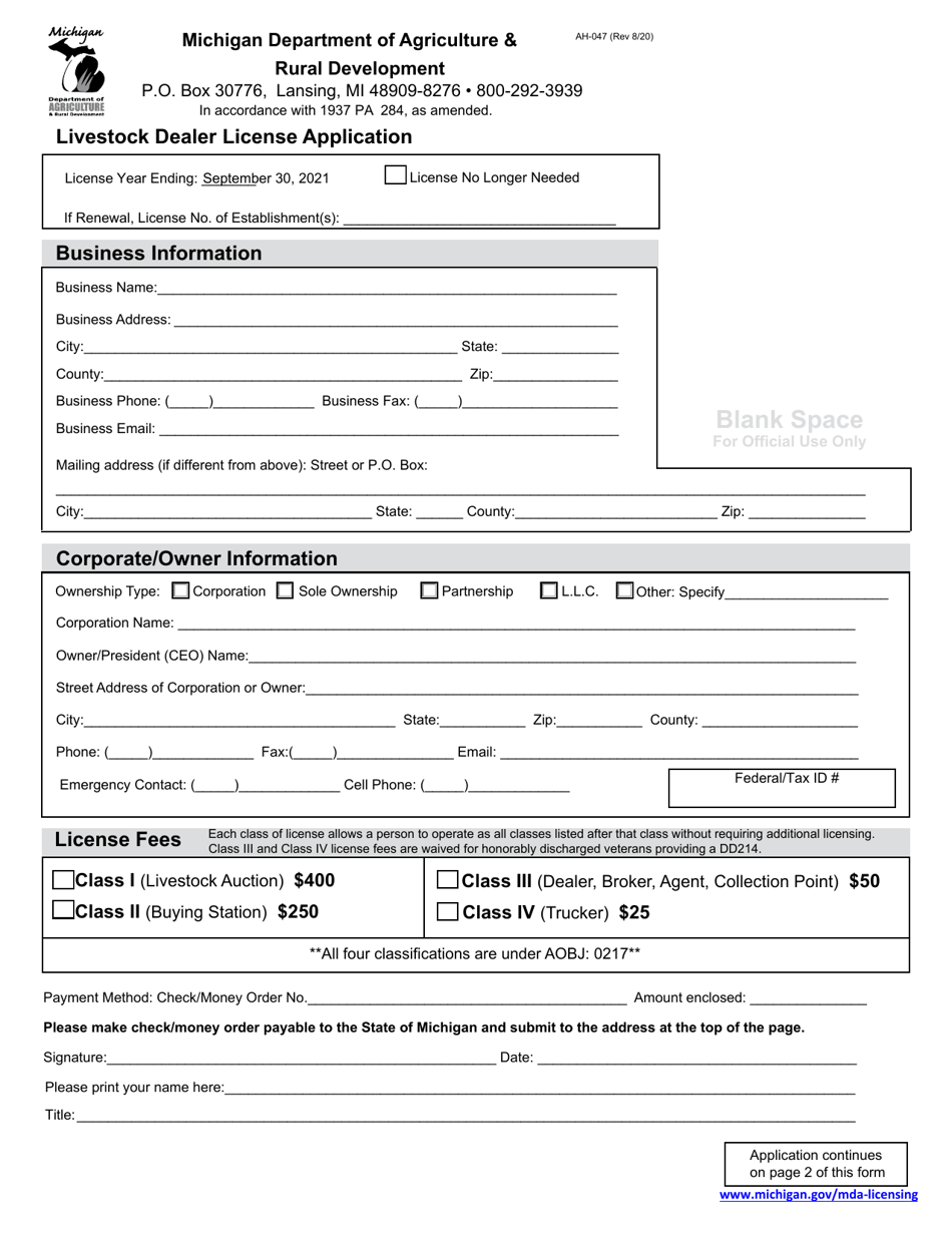 Form AH-047 Livestock Dealer License Application - Michigan, Page 1
