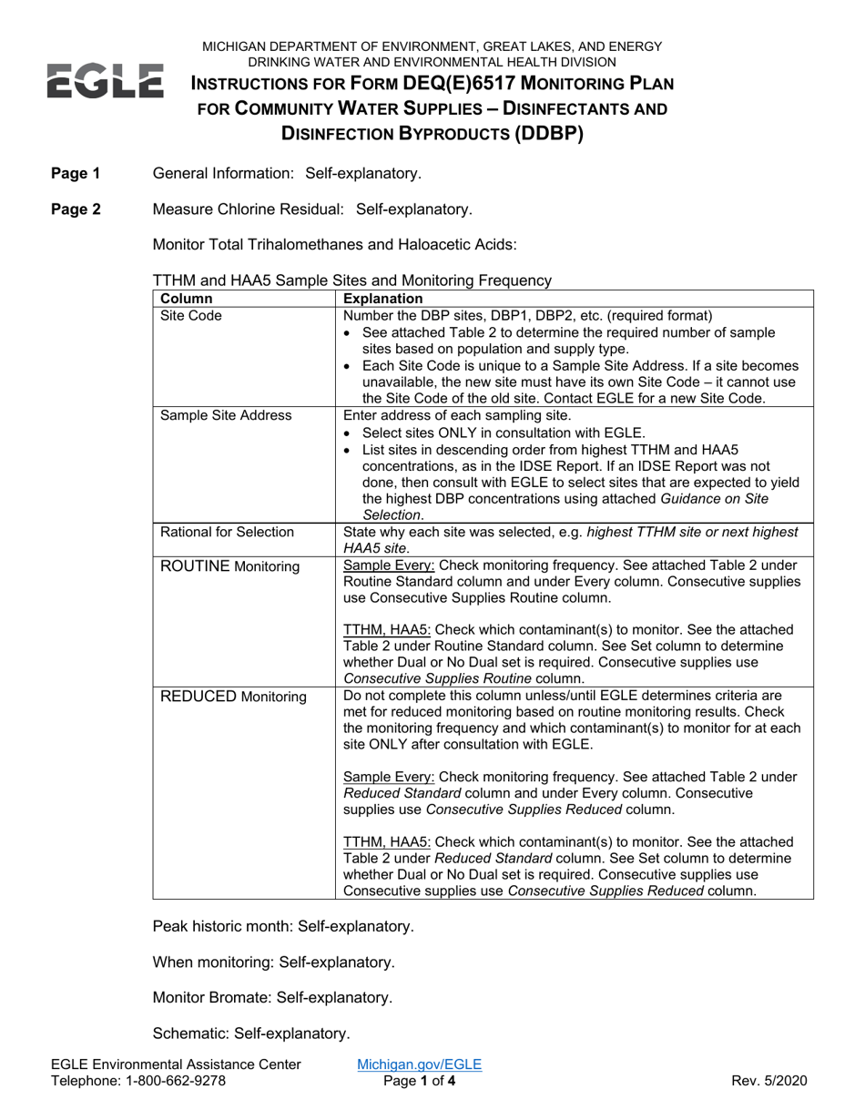 Instructions for Form DEQ(E)6517 Monitoring Plan for Community Water Supplies - Disinfectants and Disinfection Byproducts (Ddbp) - Michigan, Page 1