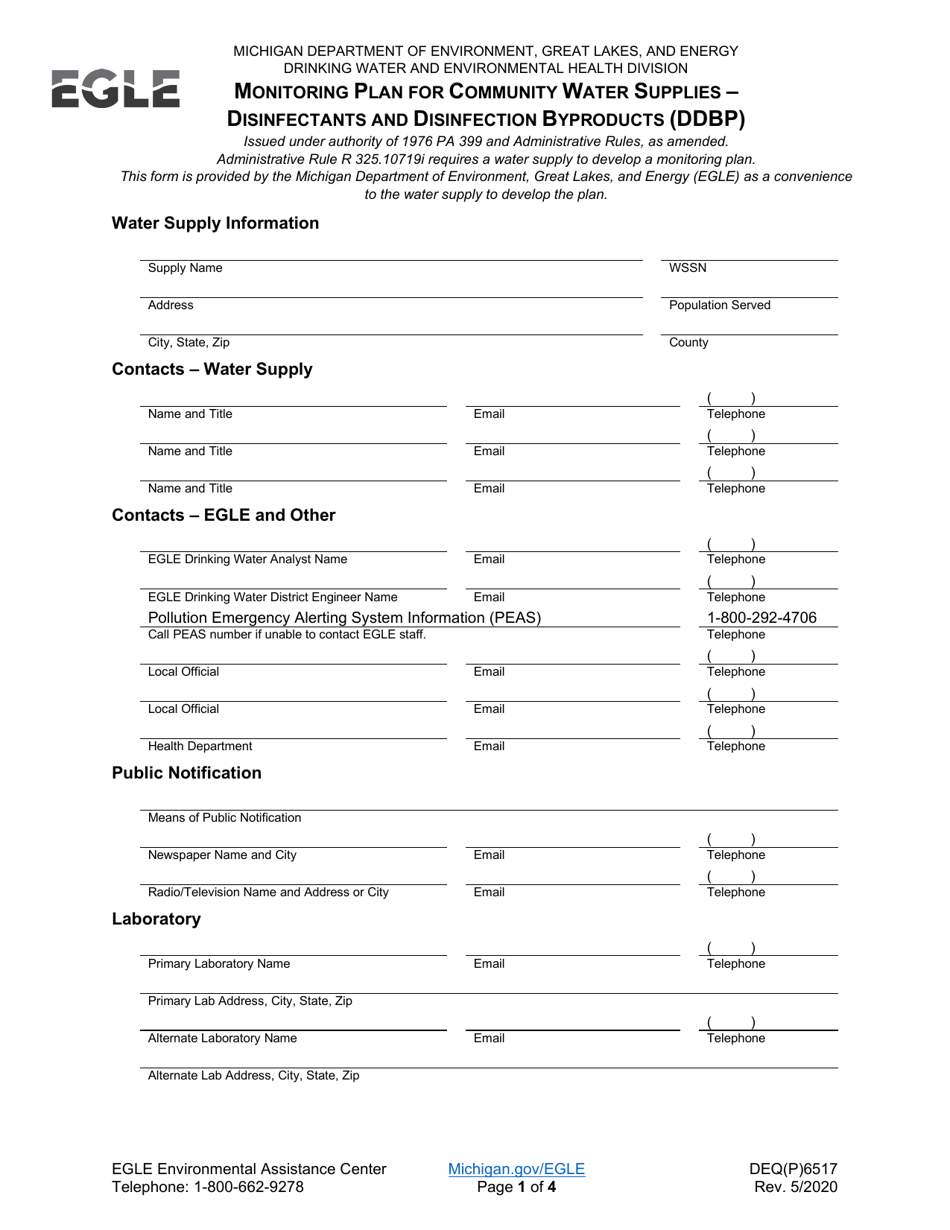 Form DEQ(P)6517 Monitoring Plan for Community Water Supplies - Disinfectants and Disinfection Byproducts (Ddbp) - Michigan, Page 1