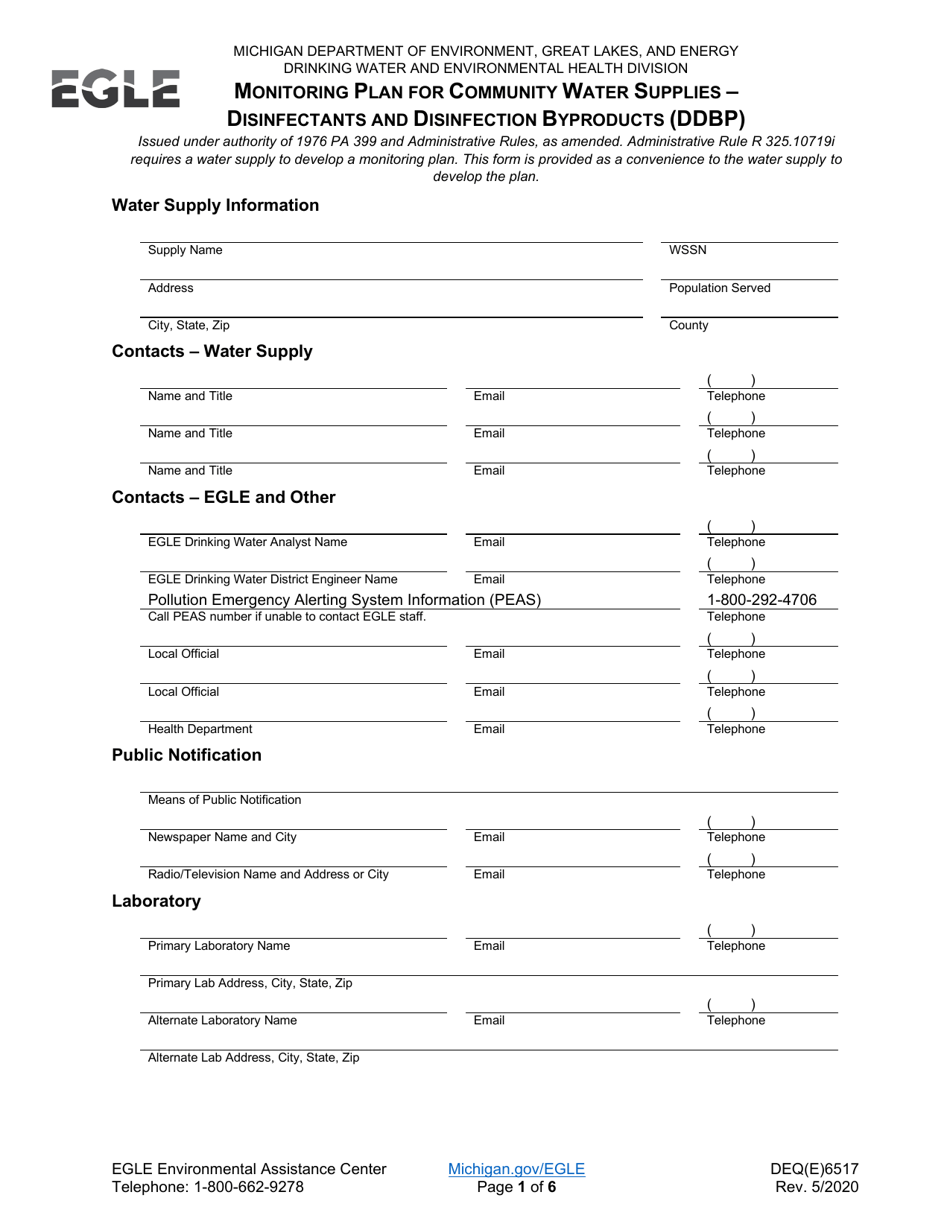 Form DEQ(E)6517 Monitoring Plan for Community Water Supplies - Disinfectants and Disinfection Byproducts (Ddbp) - Michigan, Page 1