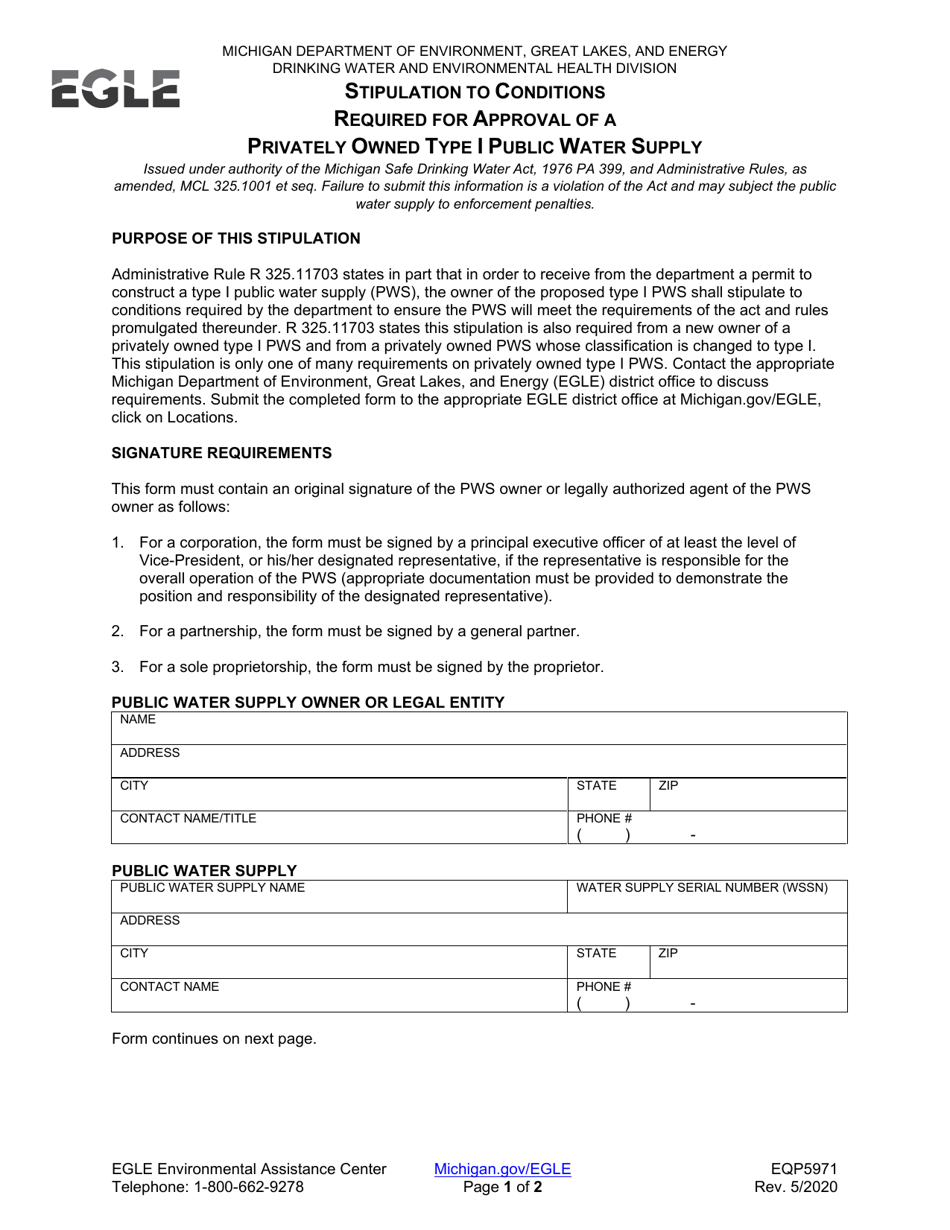 Form EQP5971 Stipulation to Conditions Required for Approval of a Privately Owned Type I Public Water Supply - Michigan, Page 1