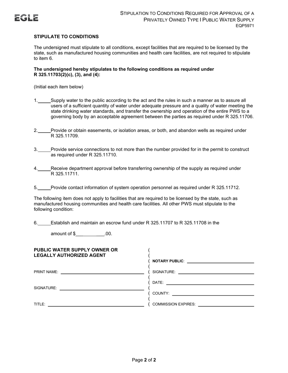 Form EQP5971 Stipulation to Conditions Required for Approval of a Privately Owned Type I Public Water Supply - Michigan, Page 2