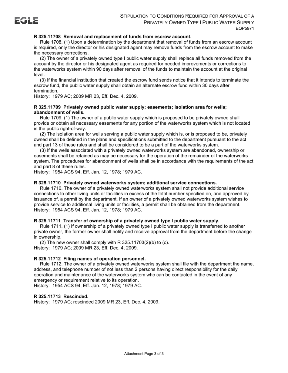 Form EQP5971 Stipulation to Conditions Required for Approval of a Privately Owned Type I Public Water Supply - Michigan, Page 5