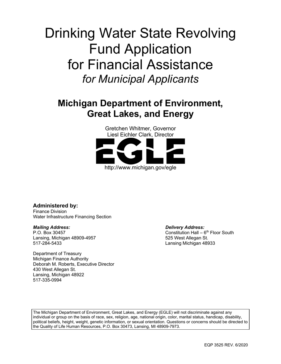 Form EQP3525 Drinking Water State Revolving Fund Application for Financial Assistance for Minicipal Applicants - Michigan, Page 1