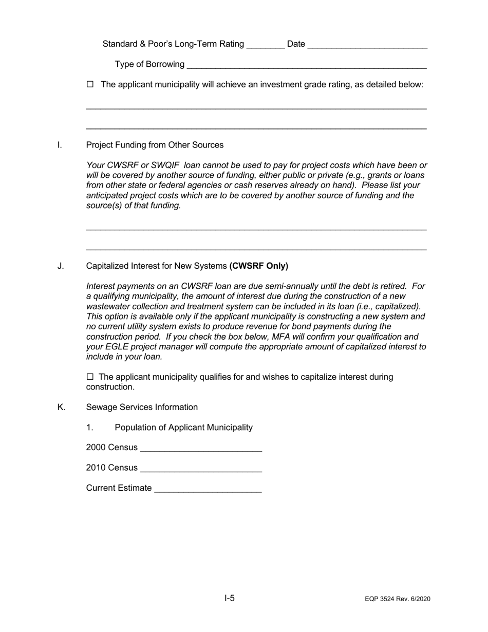 Form EQP3524 Part I Clean Water State Revolving Fund Application for Financial Assistance for Municipal Applicants - Michigan, Page 6