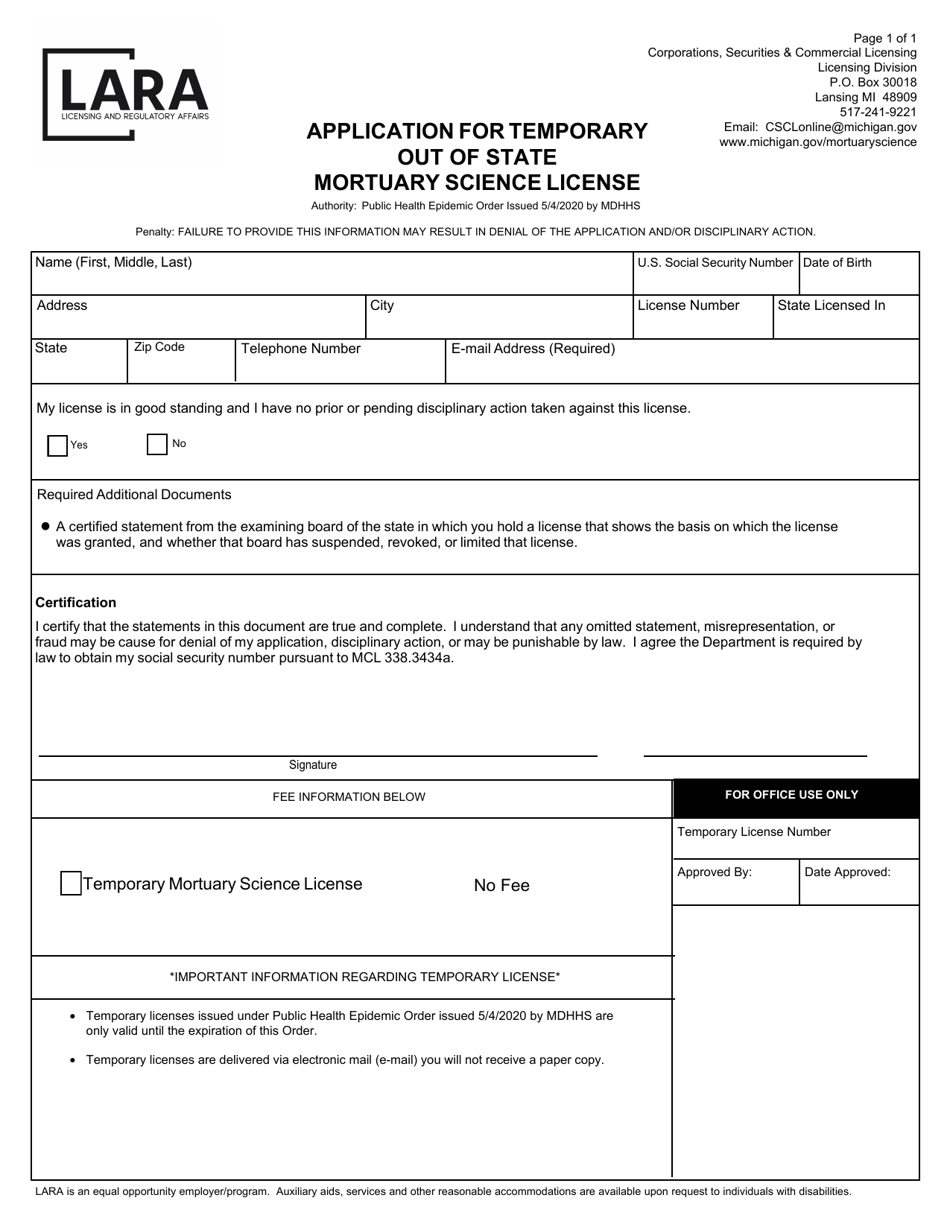 Application for Temporary out of State Mortuary Science License - Michigan, Page 1