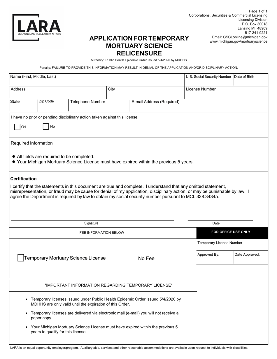 Application for Temporary Mortuary Science Relicensure - Michigan, Page 1