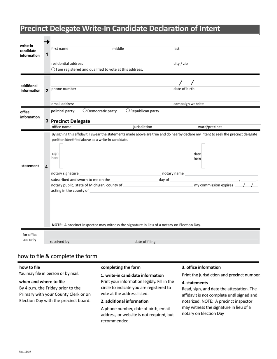 Michigan Precinct Delegate WriteIn Candidate Declara on of Intent