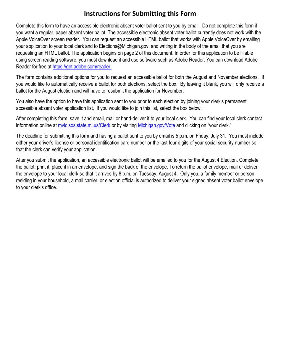 Michigan Accessible Electronic Absent Voter Ballot Application - Michigan, Page 1
