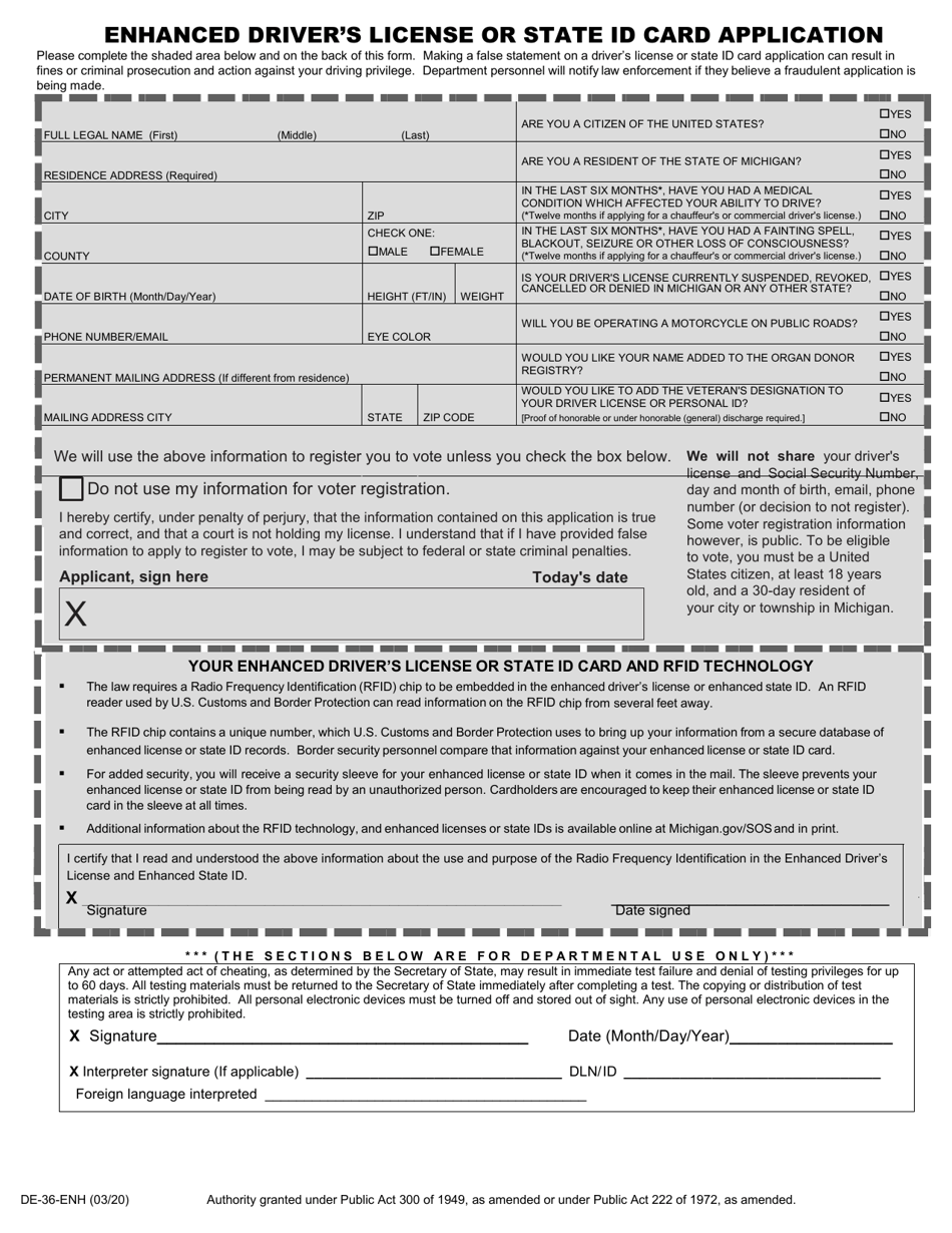 Form DE-36-ENH Enhanced Drivers License or State Id Card Application - Michigan, Page 1