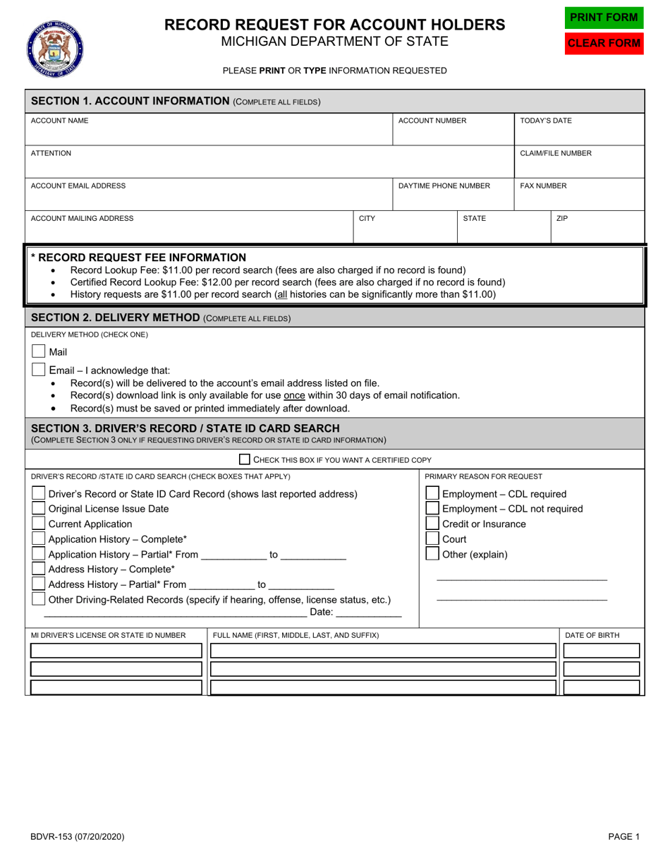 Form BDVR-153 Record Request for Account Holders - Michigan, Page 1