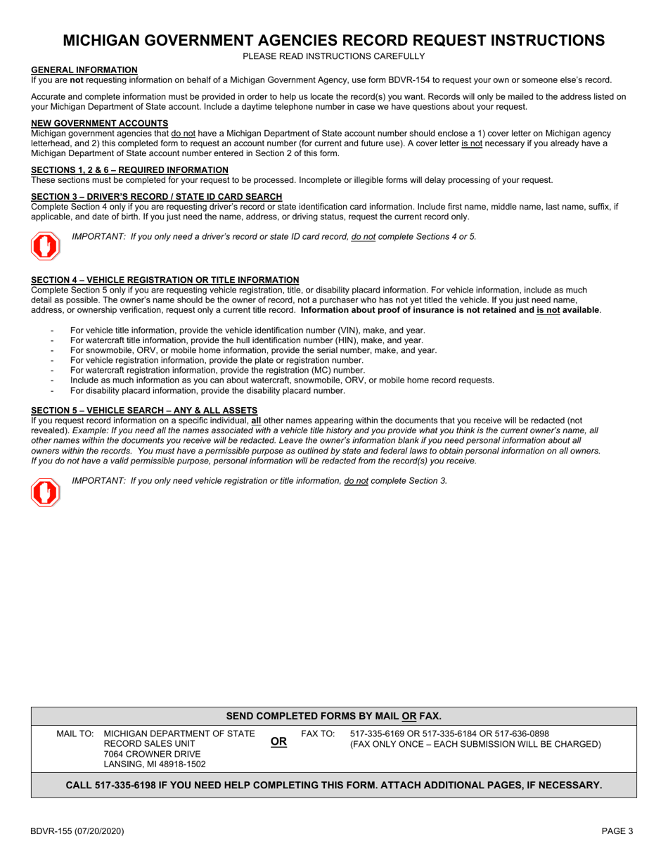 Form BDVR-155 Record Request for Michigan Government Agencies - Michigan, Page 3