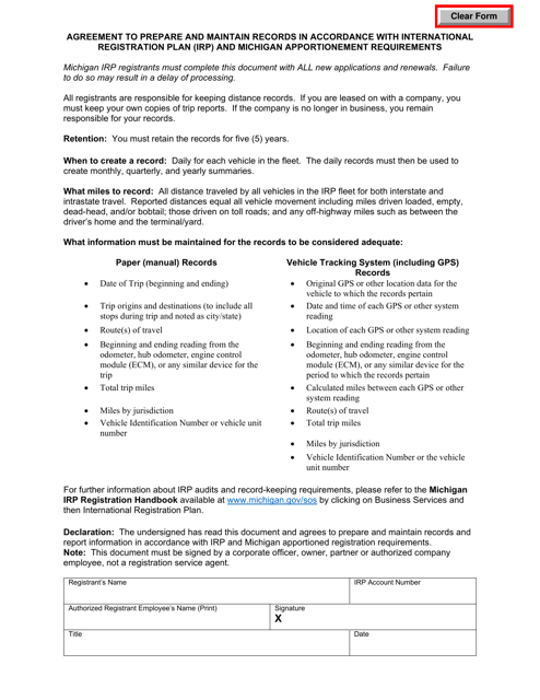 Agreement to Prepare and Maintain Records in Accordance With International Registration Plan (Irp) and Michigan Apportionement Requirements - Michigan Download Pdf