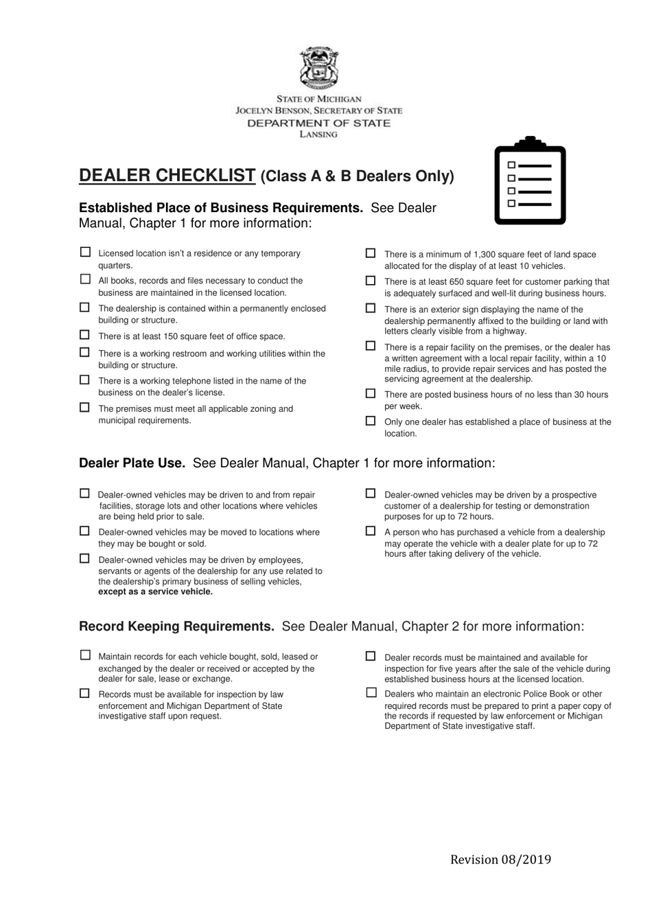 Dealer Checklist (Class a  B Dealers Only) - Michigan, Page 1