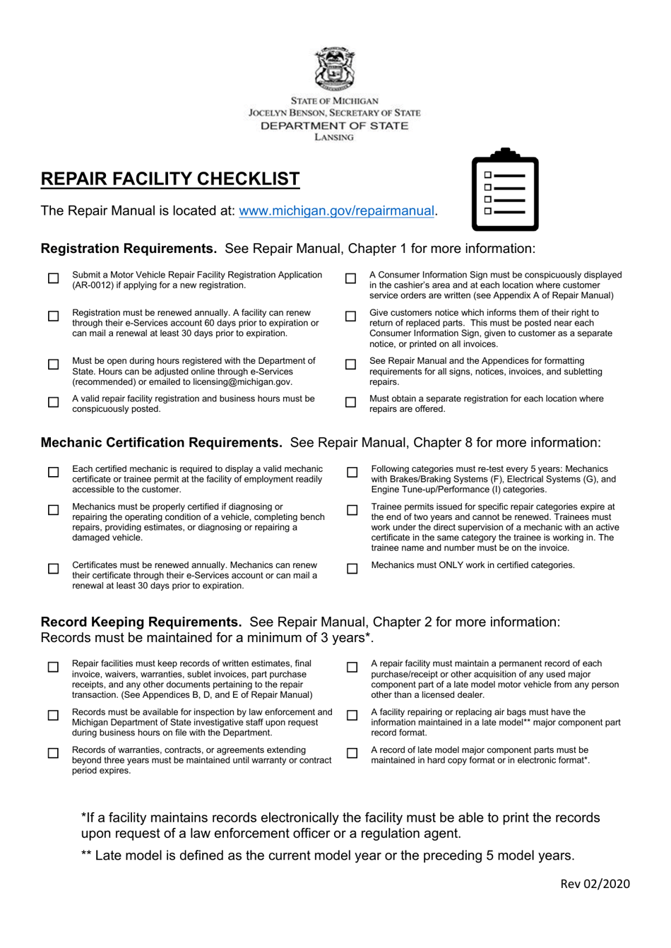 Repair Facility Checklist - Michigan, Page 1