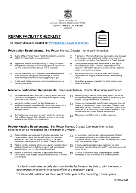 Repair Facility Checklist - Michigan Download Pdf