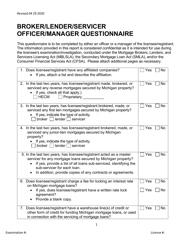 Document preview: Broker/Lender/Servicer Officer/Manager Questionnaire - Michigan